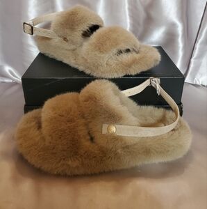 Taupe Brown Faux Fur Thick Strappy Slides